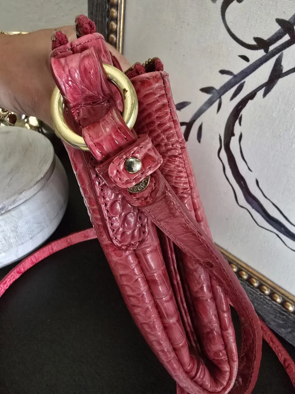 Brahmin Croc-Embossed Coral Pink Crossbody with Gold Hardware